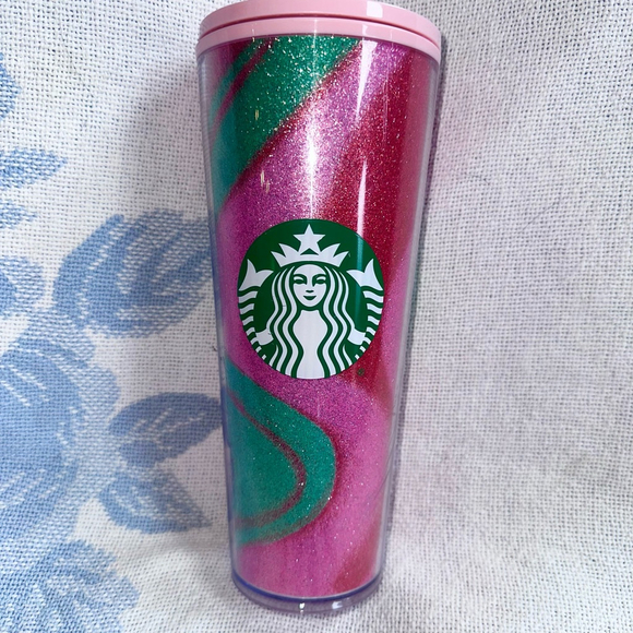 Starbucks Other - Starbucks Christmas Pink Red Green Glitter Wavy Swirl Cold Cup Tumbler 24oz